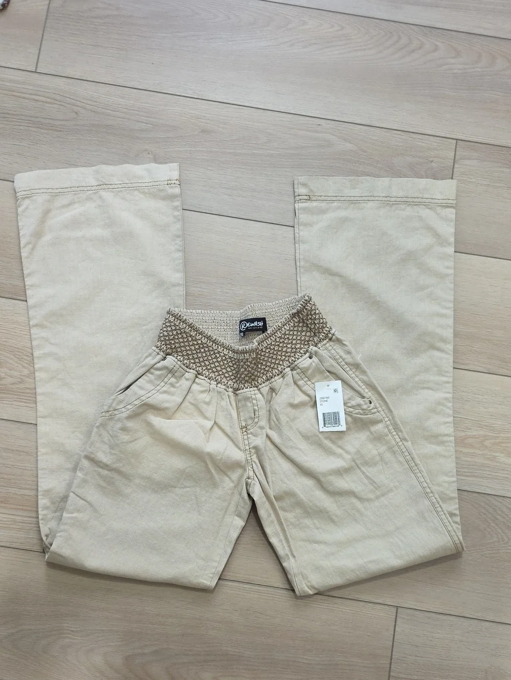 Rewash Linen Khaki Elastic Embroided Waist Wide Leg Summer Pants